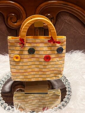 Handmade Yellow Striped Button Accent Tote Handbag